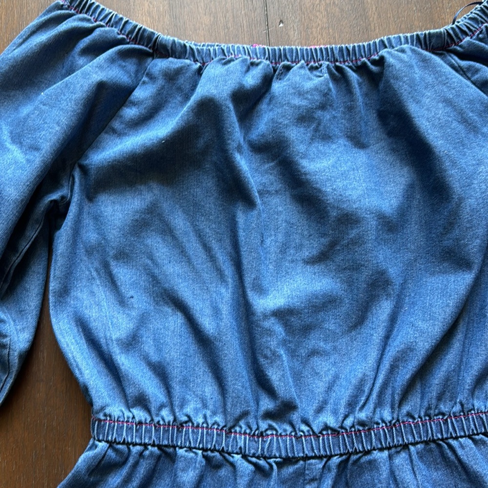 Size 8 Kenzie pocketed crochet trim denim chambray romper jumpsuit shorts - Picture 6 of 7